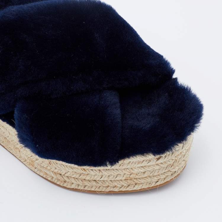 Pre Owned Miu Miu Navy Blue Fur Criss Cross Platform Espadrille Flats Size 37