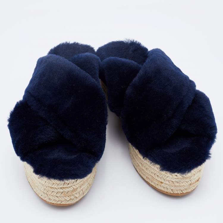 Pre Owned Miu Miu Navy Blue Fur Criss Cross Platform Espadrille Flats Size 37