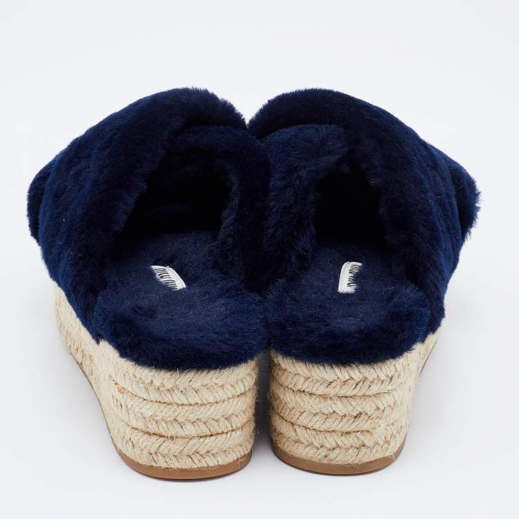 Pre Owned Miu Miu Navy Blue Fur Criss Cross Platform Espadrille Flats Size 37