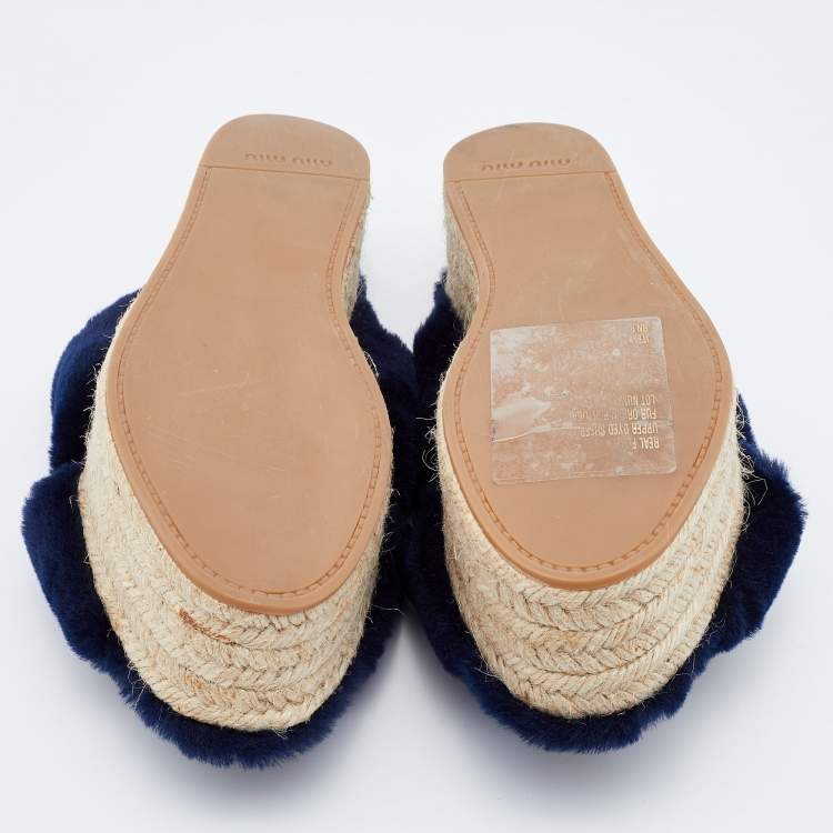 Pre Owned Miu Miu Navy Blue Fur Criss Cross Platform Espadrille Flats Size 37