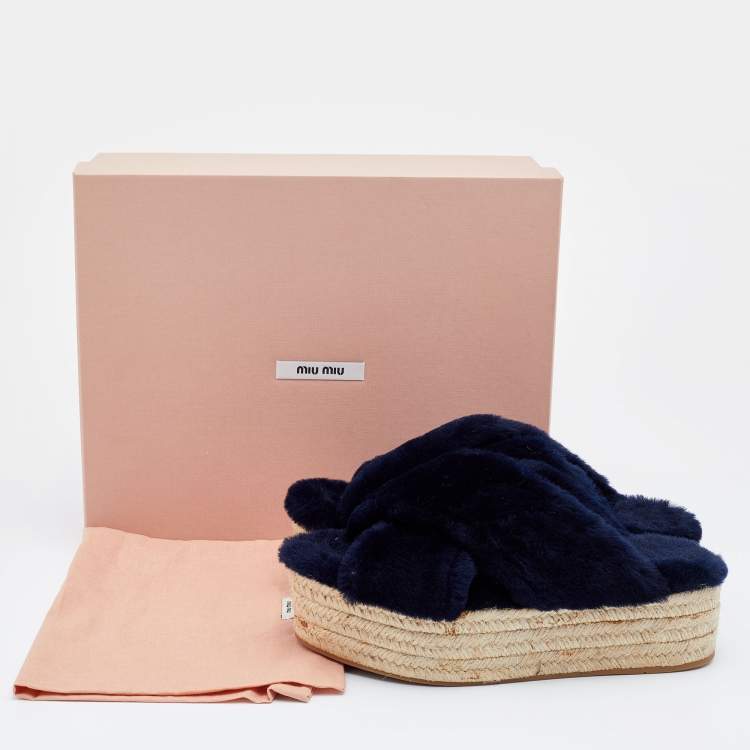 Pre Owned Miu Miu Navy Blue Fur Criss Cross Platform Espadrille Flats Size 37