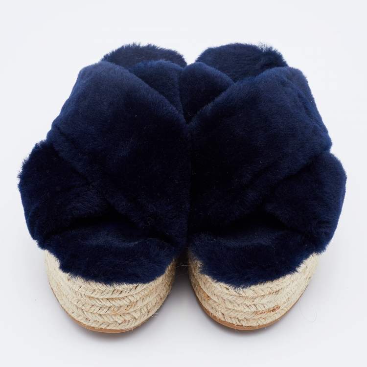 Pre Owned Miu Miu Navy Blue Fur Criss Cross Platform Espadrille Flats Size 37