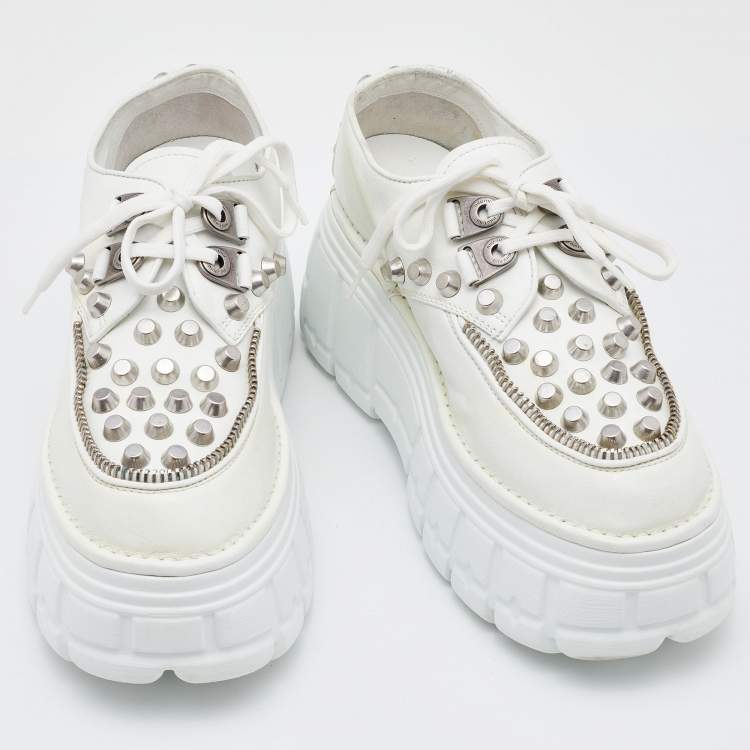 Pre Owned Miu Miu White Leather Embellished Platform Derby Sneakers Size 38.5