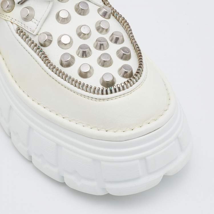 Pre Owned Miu Miu White Leather Embellished Platform Derby Sneakers Size 38.5