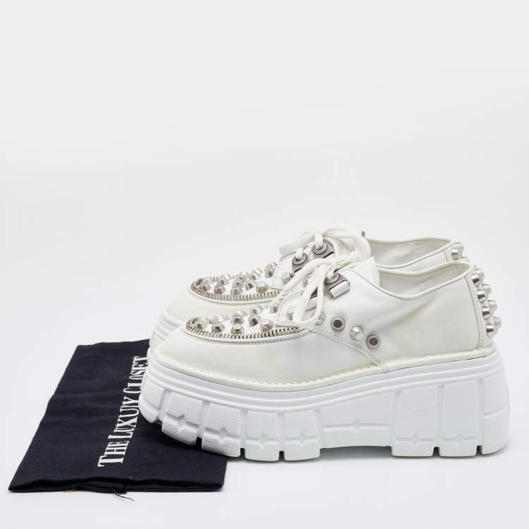 Pre Owned Miu Miu White Leather Embellished Platform Derby Sneakers Size 38.5