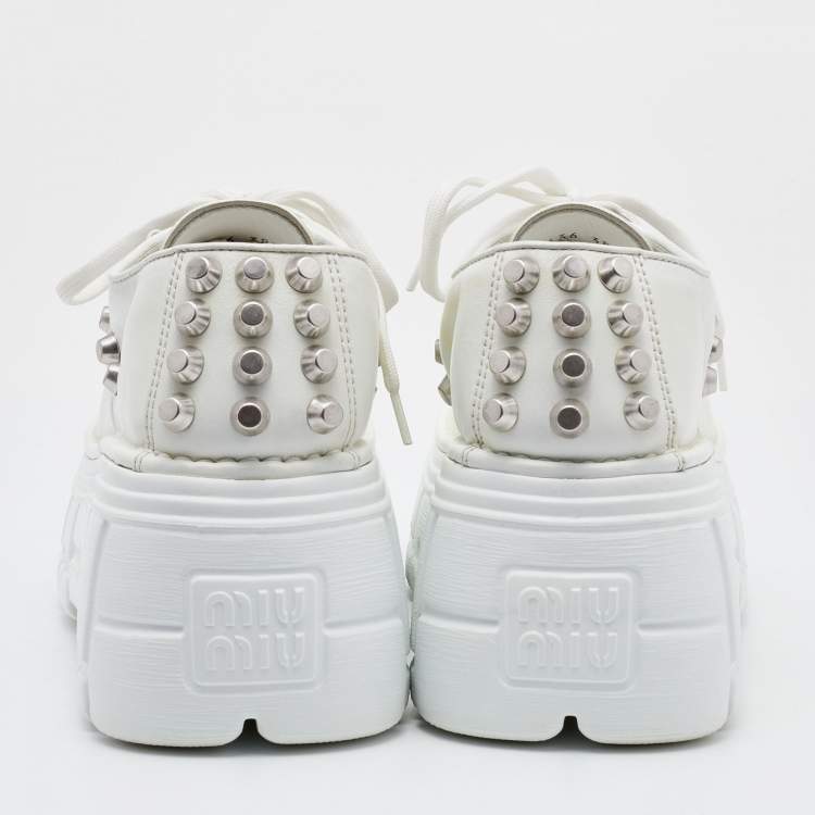 Pre Owned Miu Miu White Leather Embellished Platform Derby Sneakers Size 38.5