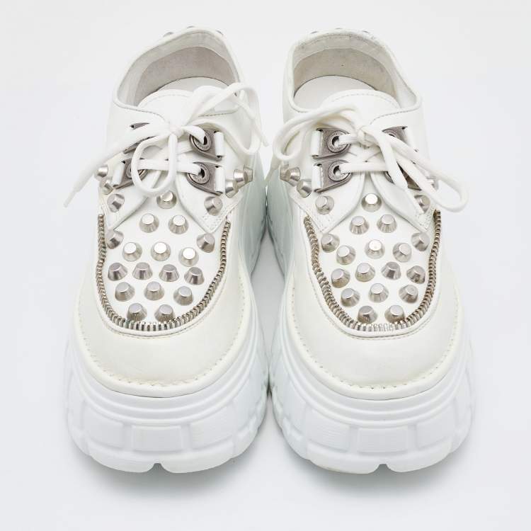 Pre Owned Miu Miu White Leather Embellished Platform Derby Sneakers Size 38.5