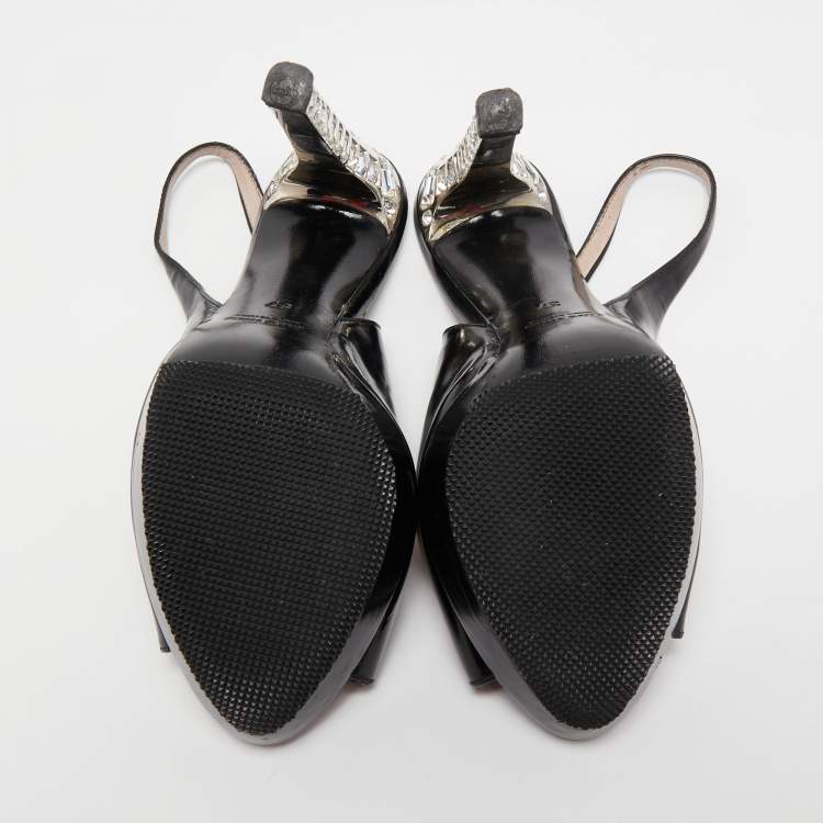 Pre Owned Miu Miu Black Leather Crystal Embellished Slingback Sandals Size 37