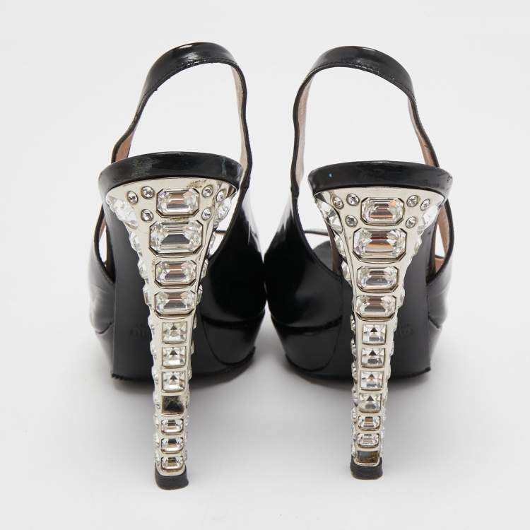 Pre Owned Miu Miu Black Leather Crystal Embellished Slingback Sandals Size 37
