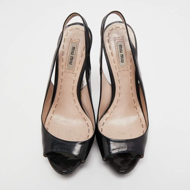 Pre Owned Miu Miu Black Leather Crystal Embellished Slingback Sandals Size 37