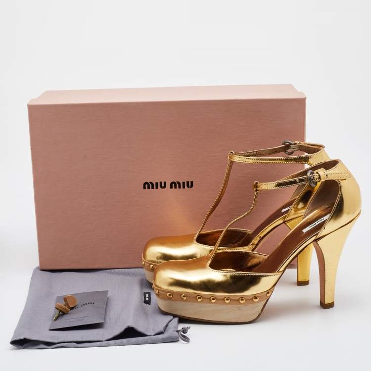 Pre Owned Miu Miu Metallic Gold Leather Studded Platform Sandals Size 36