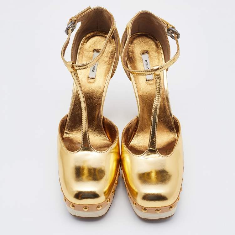 Pre Owned Miu Miu Metallic Gold Leather Studded Platform Sandals Size 36