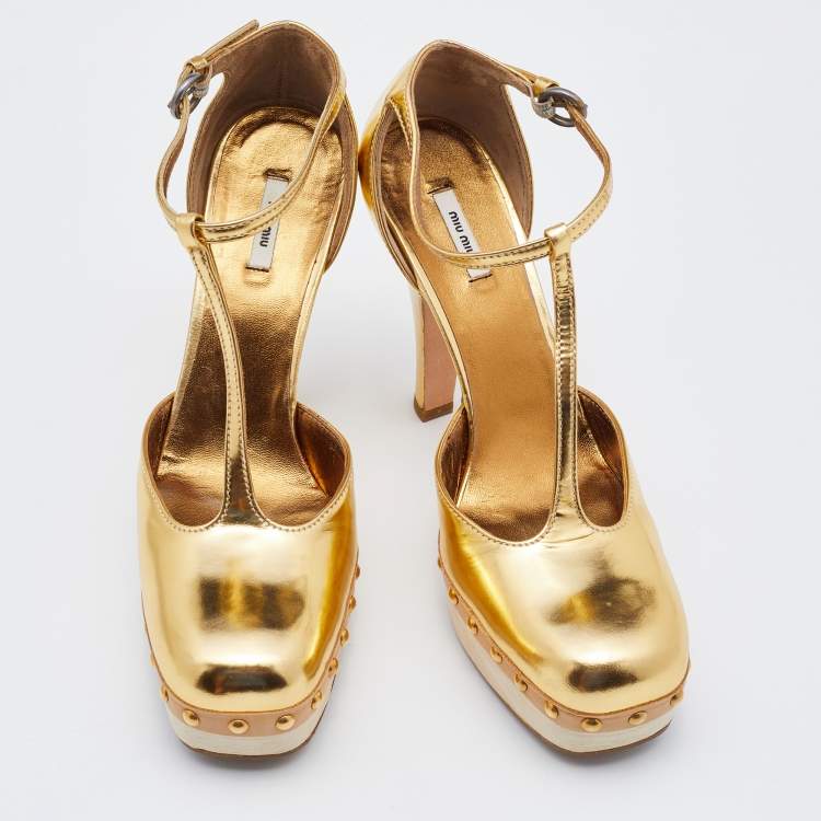 Pre Owned Miu Miu Metallic Gold Leather Studded Platform Sandals Size 36