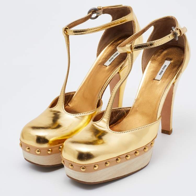 Pre Owned Miu Miu Metallic Gold Leather Studded Platform Sandals Size 36