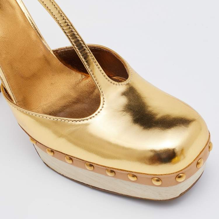 Pre Owned Miu Miu Metallic Gold Leather Studded Platform Sandals Size 36
