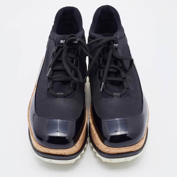 Pre Owned Miu Miu Black Fabric and Patent Leather Astro Cork Platform Sneakers Size 38