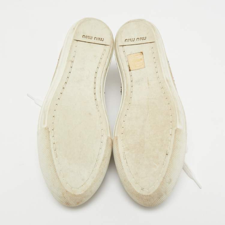 Pre Owned Miu Miu Beige Studded Suede Low Top Sneakers Size 35
