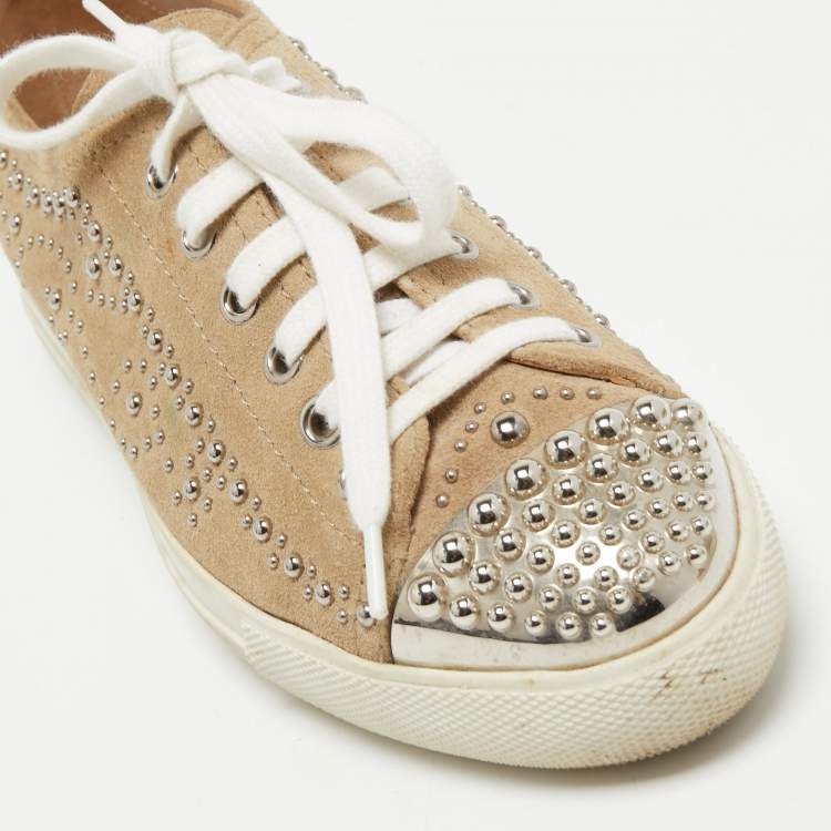 Pre Owned Miu Miu Beige Studded Suede Low Top Sneakers Size 35