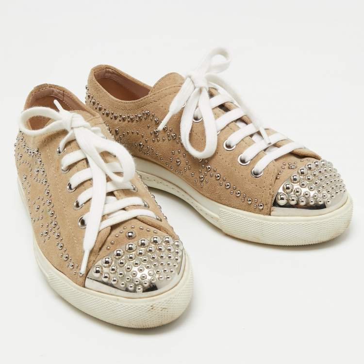 Pre Owned Miu Miu Beige Studded Suede Low Top Sneakers Size 35