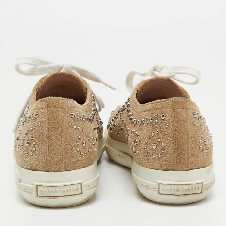 Pre Owned Miu Miu Beige Studded Suede Low Top Sneakers Size 35