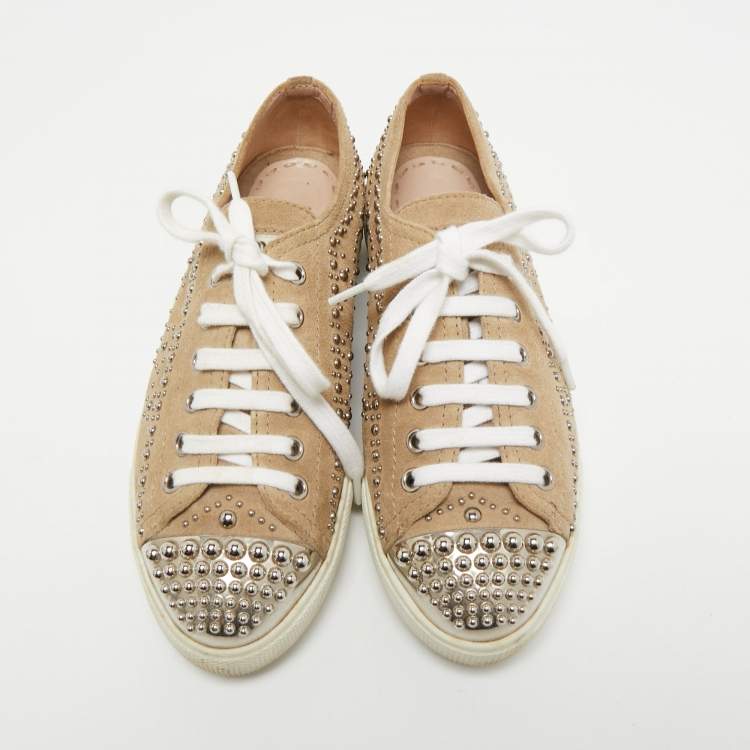 Pre Owned Miu Miu Beige Studded Suede Low Top Sneakers Size 35