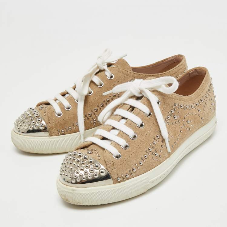 Pre Owned Miu Miu Beige Studded Suede Low Top Sneakers Size 35