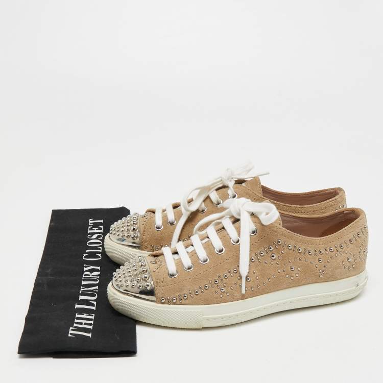 Pre Owned Miu Miu Beige Studded Suede Low Top Sneakers Size 35