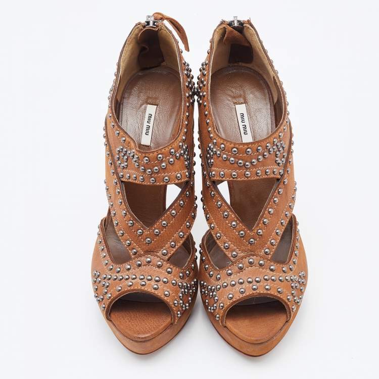 Pre Owned Miu Miu Brown Leather Studded Platform Sandals Size 37