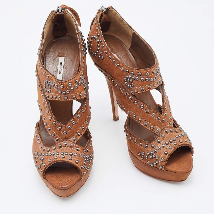 Pre Owned Miu Miu Brown Leather Studded Platform Sandals Size 37