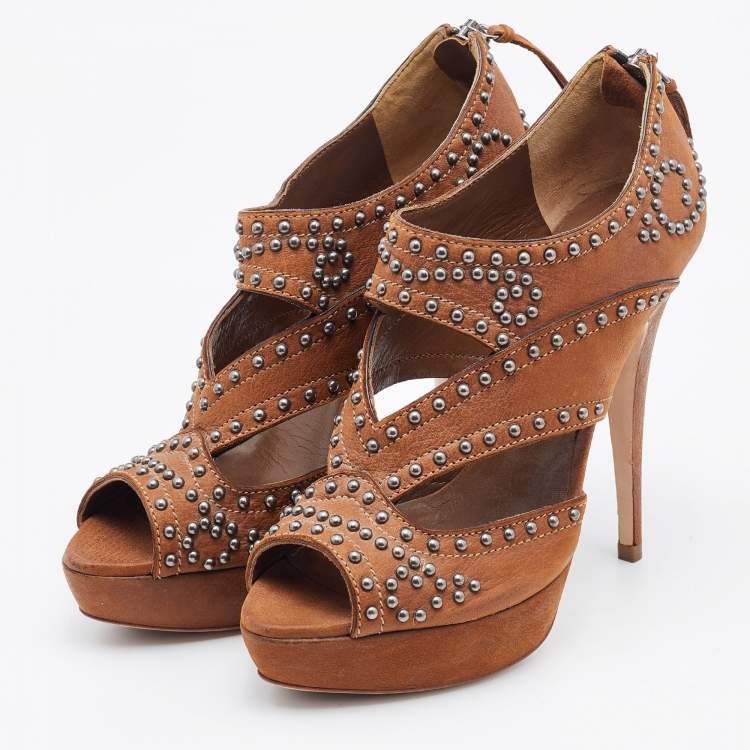Pre Owned Miu Miu Brown Leather Studded Platform Sandals Size 37
