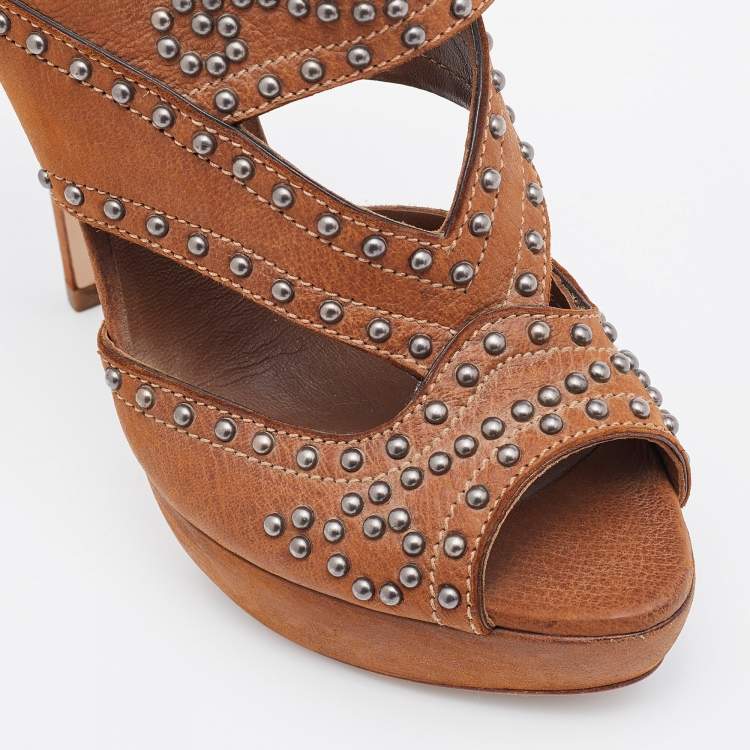 Pre Owned Miu Miu Brown Leather Studded Platform Sandals Size 37