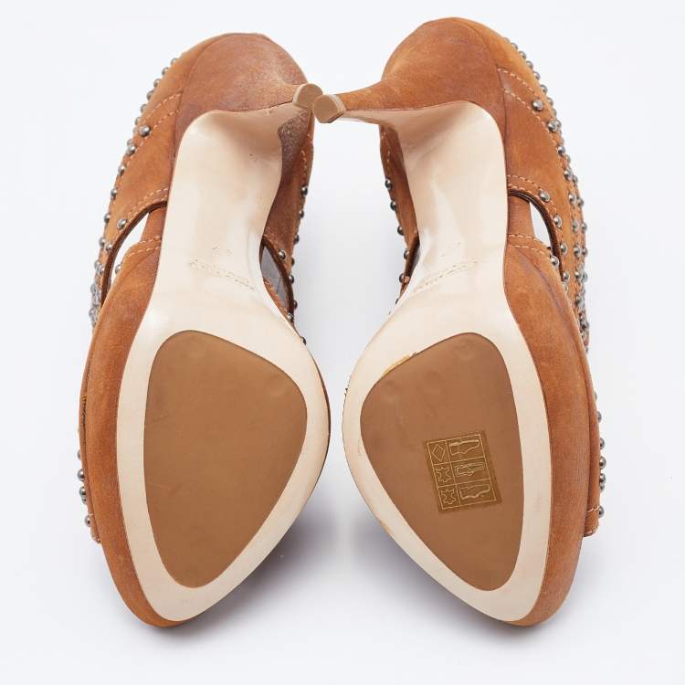 Pre Owned Miu Miu Brown Leather Studded Platform Sandals Size 37