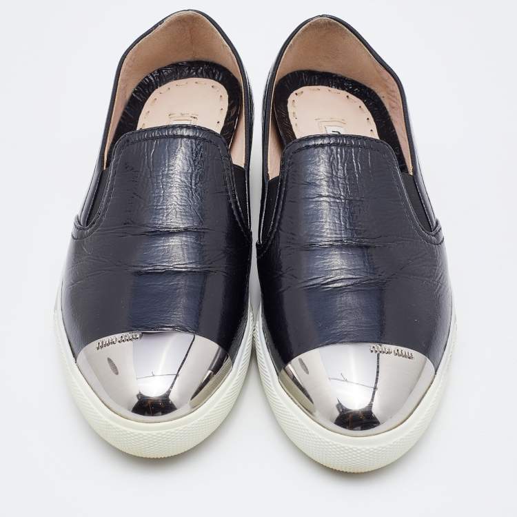 Pre Owned Miu Miu Black Patent Leather Metal Cap Toe Slip On Sneakers Size 37.5