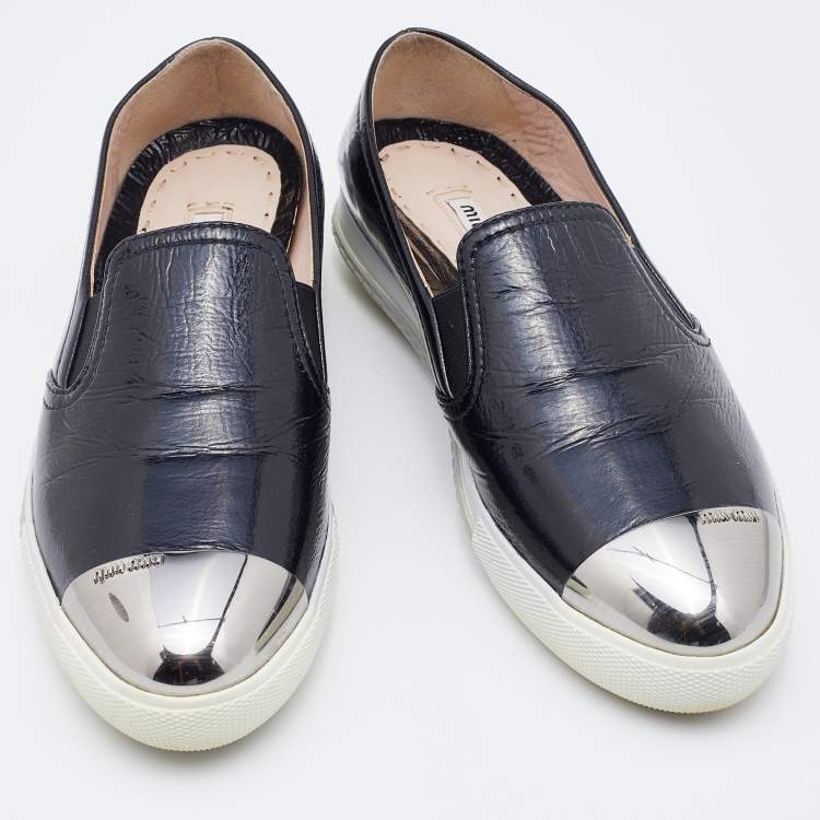 Pre Owned Miu Miu Black Patent Leather Metal Cap Toe Slip On Sneakers Size 37.5