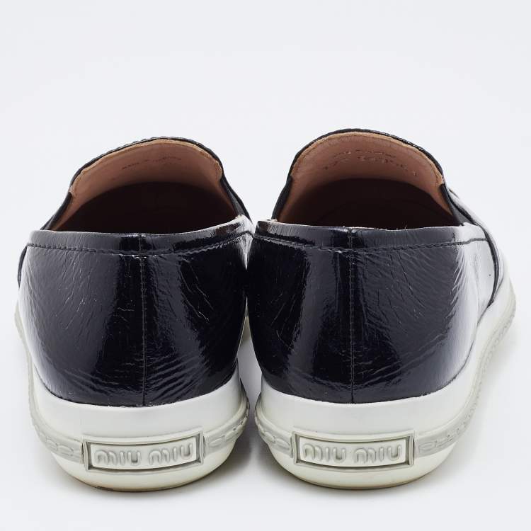 Pre Owned Miu Miu Black Patent Leather Metal Cap Toe Slip On Sneakers Size 37.5
