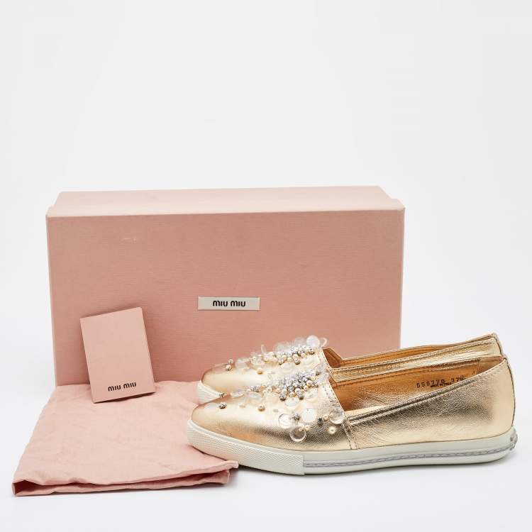 Pre Owned Miu Miu Gold Leather Embellished Slip On Sneakers Size 37.5