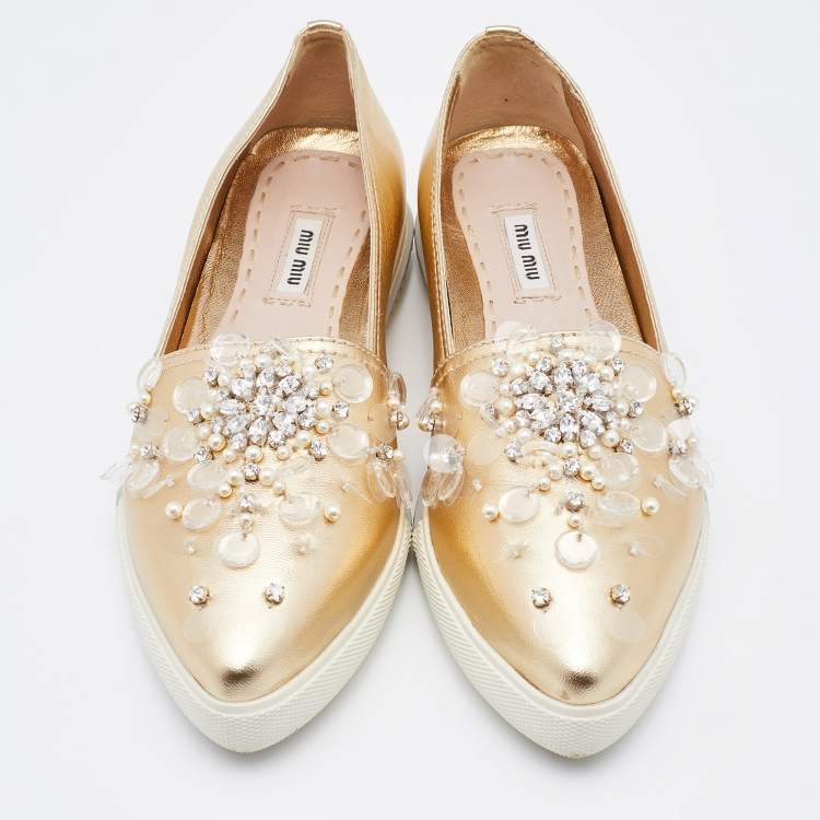 Pre Owned Miu Miu Gold Leather Embellished Slip On Sneakers Size 37.5