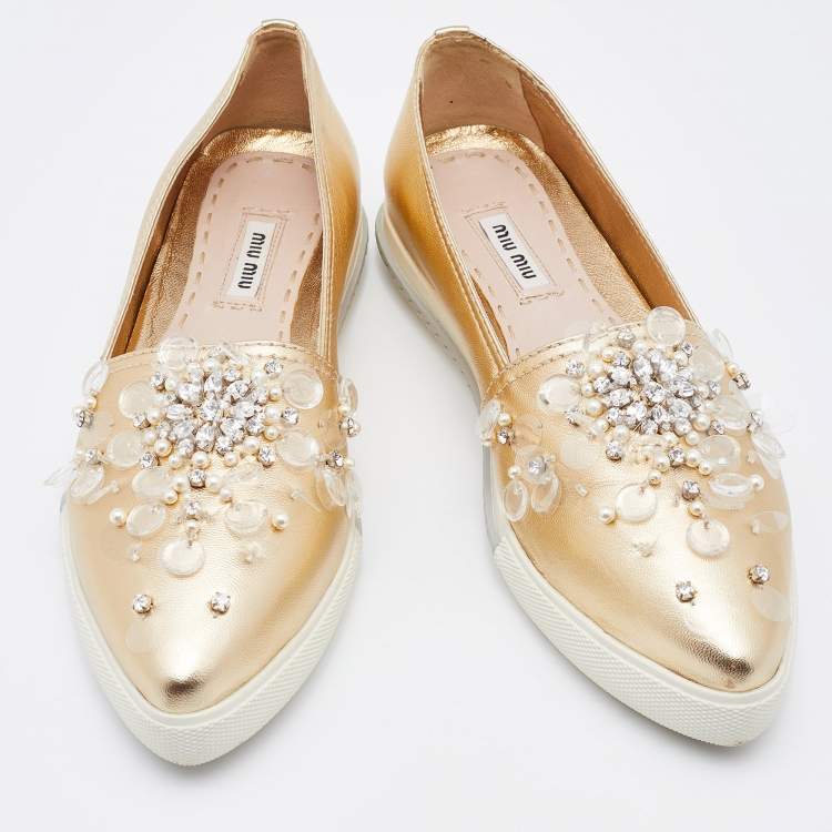 Pre Owned Miu Miu Gold Leather Embellished Slip On Sneakers Size 37.5