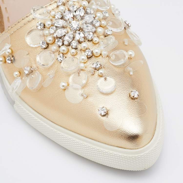 Pre Owned Miu Miu Gold Leather Embellished Slip On Sneakers Size 37.5