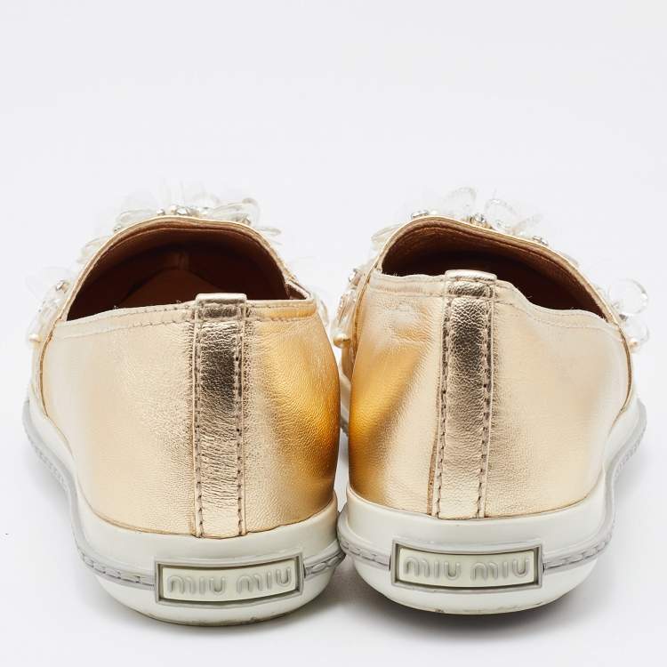 Pre Owned Miu Miu Gold Leather Embellished Slip On Sneakers Size 37.5