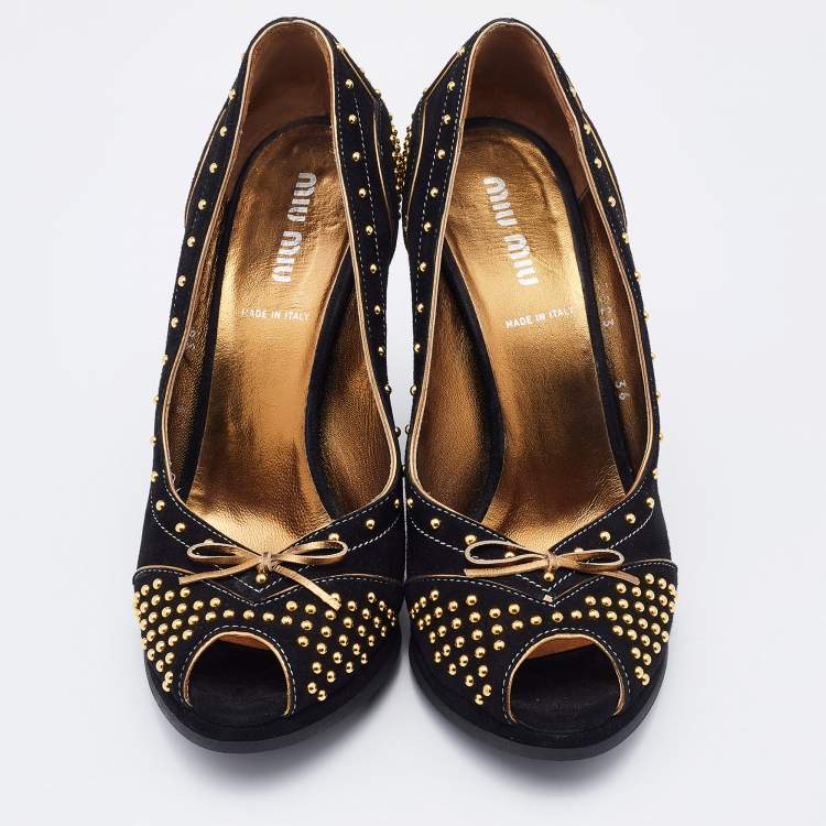 Pre Owned Miu Miu Black Suede Embellished Bow Wedge Pumps Size 36