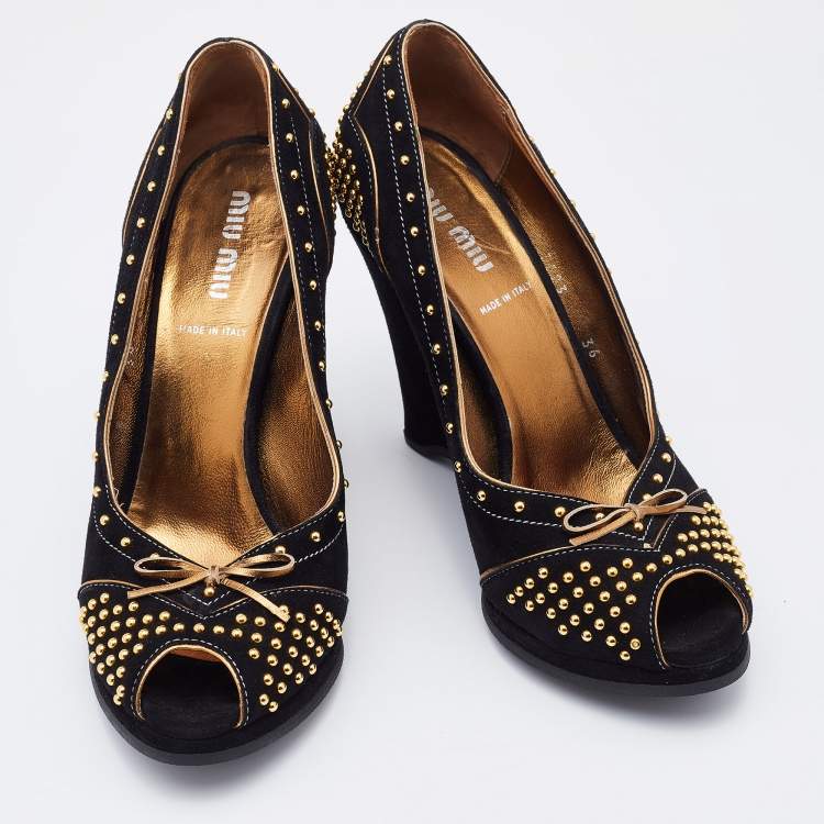 Pre Owned Miu Miu Black Suede Embellished Bow Wedge Pumps Size 36