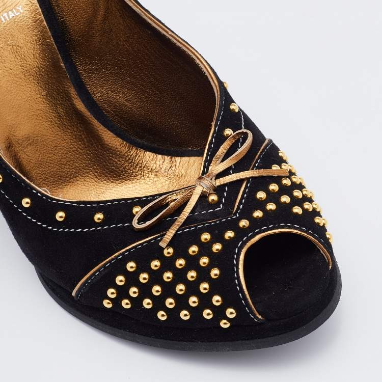 Pre Owned Miu Miu Black Suede Embellished Bow Wedge Pumps Size 36
