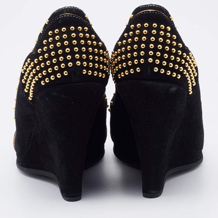 Pre Owned Miu Miu Black Suede Embellished Bow Wedge Pumps Size 36