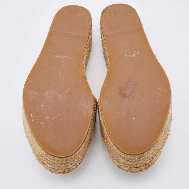 Pre Owned Miu Miu Gold Glitter Platform Espadrille Slides Size 37
