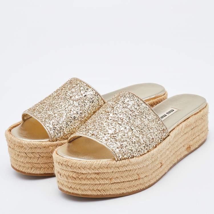 Pre Owned Miu Miu Gold Glitter Platform Espadrille Slides Size 37