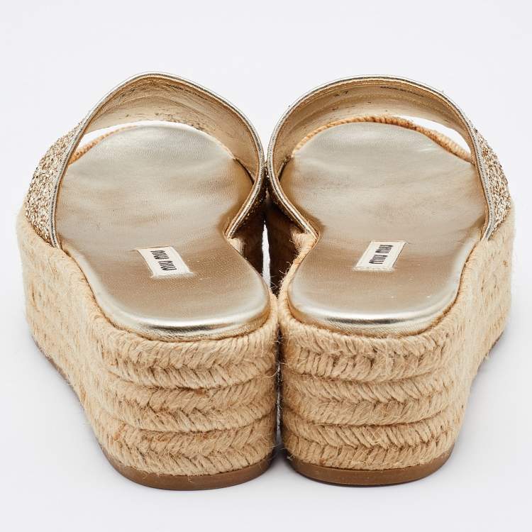 Pre Owned Miu Miu Gold Glitter Platform Espadrille Slides Size 37