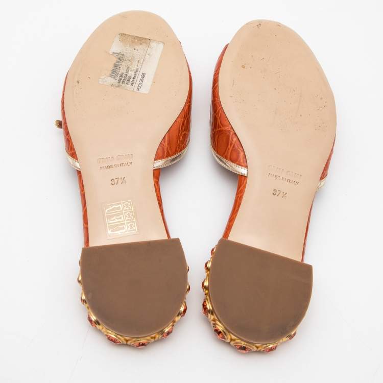 Pre Owned Miu Miu Orange Crocodile Leather Slides Size 37.5 