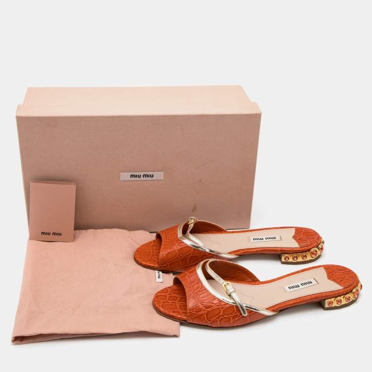 Pre Owned Miu Miu Orange Crocodile Leather Slides Size 37.5 