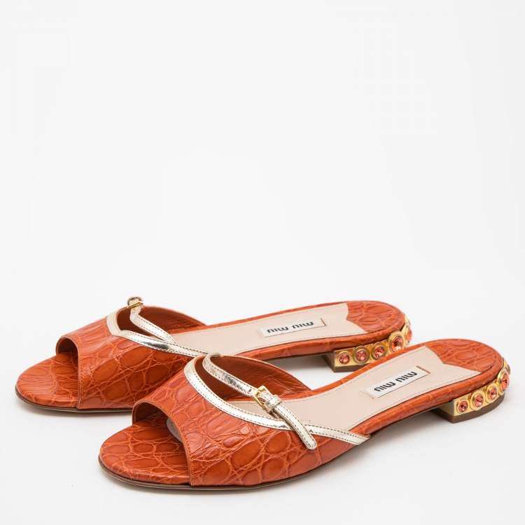 Pre Owned Miu Miu Orange Crocodile Leather Slides Size 37.5 